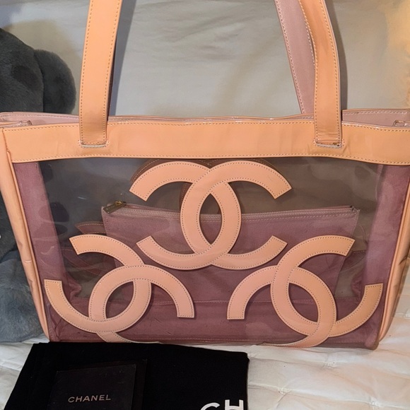 Chanel Pink Transparent Tote with Iconic CC Logos Vintage 90s XL Peachy Pink - Picture 4 of 8